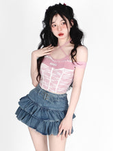 HOUZHOU Belts Y2k Pleated Denim Skirt Women Sexy Egirl Double Layer Ruffle Patchwork High Waist Jean Skirt Shorts Punk Summer