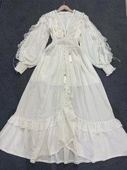 Lizakosht Sexy solid color long-sleeved loose dress waist spring and summer female V-neck stitching lace embroidery swing new dress