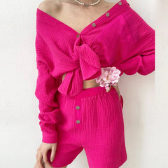 Lizakosht Spring Turn-down Collar Tie-up Top Cardigan and Buttoned Shorts Outfit Women Solid Two Piece Set Autumn Long Sleeve Cotton Suits