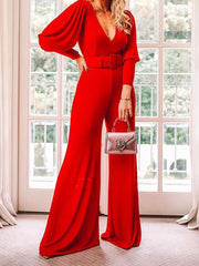 New Women Sexy V-neck Jumpsuits Elegant Ladies Wide Leg Jumpsuits Long Sleeve High Waist Belt Wide Leg Rompers Loose Jumpsuit