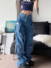 Lizakosht American Street Pocket Cargo Jeans Female Y2K Fashion Heavy Industry Loose High Waist Slim Straight Leg High Street Jeans New