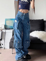 Lizakosht American Street Pocket Cargo Jeans Female Y2K Fashion Heavy Industry Loose High Waist Slim Straight Leg High Street Jeans New