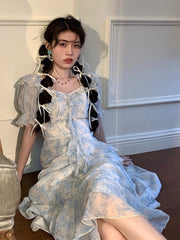 Lizakosht Summer Elegant Floral Print Ruffle Dress Women Puff Sleeve Fairy Party Lady Holiday Beach Blue Chiffon Dress