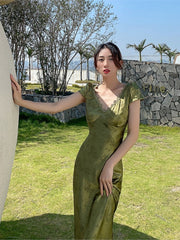 Elegant Women Green Satin Backless Mixi Dress Palace Short Sleeve Lace V-Neck Bandage Vintage Bodycon Dress Robe Summer Vestidos