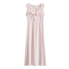 Lizakosht V-Neck Sexy Sleeveless Long Nightdress for Women Bow Cute Nightgown Lace Sleepwear Ice Silk Loose Sleepdress Comfort Home Pijama