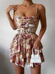 Lizakosht fashion women foral print cowl neck layered Ruffles Romper female overalls summer holiday beach spaghetti strap playsuit rompers