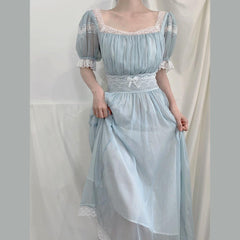 Fairy Party Dress Women Summer Vintage Blue Lace Meash Princess Dress Kawaii Lolita Elegant Casual One Piece Vestido