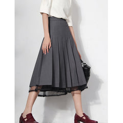 Lizakosht Women's Skirts New Grey Lace Stitching Pleated High Waist A-Line Midi Skirts Commuter Free Shipping