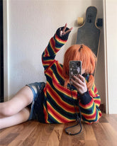 Lizakosht Autumn Women Knitted Sweater Y2K Rainbow Striped Sweater Embroidery Letter Knitwear Pullover Tops Loose oversized sweater jumper