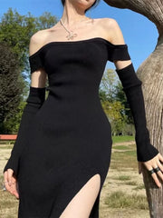 Spring Fashion Women Sexy Split Backless Off Shoulder Knitted Dress Female Club Party Y2K Dress