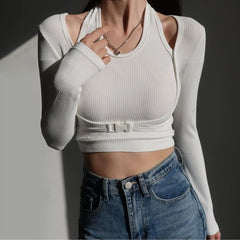 Sexy Slim Crop Top Women Y2K Hollow Out Solid Button Patchwork Bottoming Long Sleeve T-shirts Fake Two-piece Streetwear