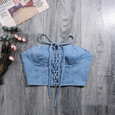 Lace Up Bandage Camisole Crop Top Women Summer Female Fashion Sexy Denim Slim Tube Camis Streetwear Tops for Women 2022