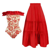 Lizakosht New Red Printed One-piece Swimsuit Women's Vacation Beach Sunscreen Cardigan Swimwear Hollow Out Swimsuit Cover Up Dress
