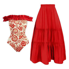 Lizakosht New Red Printed One-piece Swimsuit Women's Vacation Beach Sunscreen Cardigan Swimwear Hollow Out Swimsuit Cover Up Dress