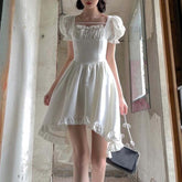 Vintage Lolita Dress Women Irregular High Low Ruffle Patchwork Square Collar Puff Sleeve Solid Elegant Princess Dress