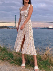 Lizakosht Spring Summer French Style Print Midi Dress Lace Up Strapy Beige Floral Vintage Slip Dress Boho Women New Sundress Sleeveless