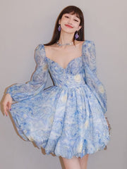 Lizakosht Backless Van Gogh Starry Dress New Bandage Design Small Sexy Long Sleeve Irregular Bubble Holiday Skirt