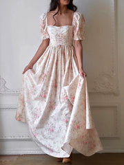 Lizakosht High Street Vintage Maxi Dress Elegant Chic Floral Beige Summer Women Dresses Ruffles Backless Sexy Party Ladies Dress