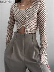 Casual grid Hollow Out Crop Top For Women Long Sleeve Sexy O Neck Pullover Slim Slant Button T Shirts Y2K 2022 Autumn