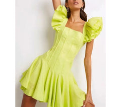Lizakosht Vintage Square Neck Butterfly Sleeve Ruffle Mini Dress Summer Short Sleeve Puff Pleated Elegant Mini Dresses Party Club Beach