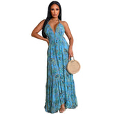 Lizakosht Hot Bohemian Chiffon Retro Print Holiday Sexy Young Fashion Halter Backless Off Shoulder Women Long Loose Dress