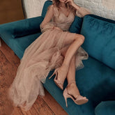Lizakosht new autumn ladies champagne color V-neck shiny dress retro long-sleeved fluffy dress sequin evening solid color dress