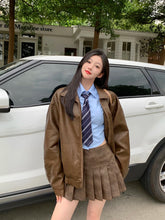 Lizakosht Women Solid Pu Leather Loose Jacket+pleated Mini Skirts 2 Piece Set Female Turn Down Collar Fashion Streetwears Blue Shirts Suit