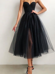 Black Princess Evening Dress Strap Tube Top Sexy Fantasy Sleeveless Open Back Mesh and Calf Length Party Ball Dresses Hot Sale
