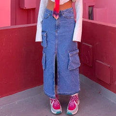 Lizakosht Women's Denim Cargo Skirts Casual High Waist Front Split Long Jean Skirts Streetwear with Flap Pockets Y2K Streetwear