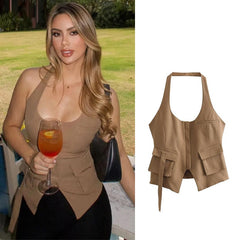 Lizakosht Women's Top New Vest Chic Hanging Neck Suspender Top Fashion Elegant Pocket Decoration Joker Autumn Street Tops Women