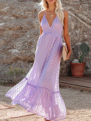 Lizakosht Elegant Sleeveless High Waist Sling Dresses Women Sexy V Neck Dot Print Beach Dress Summer Criss-cross Backless Boho Long Dress