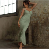 Lizakosht Sexy Ruffles Ruched Trumpet Dress Women Hollow Out Strapless Bodycon Dresses Female 2023 Spring Summer Elegant Female Vestido