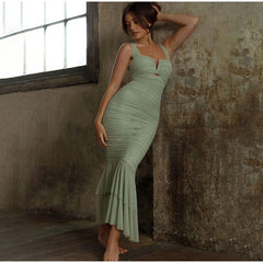 Lizakosht Sexy Ruffles Ruched Trumpet Dress Women Hollow Out Strapless Bodycon Dresses Female 2023 Spring Summer Elegant Female Vestido