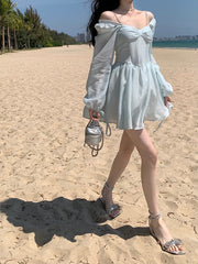 Long Sleeve Dress Female Blue Sweet A-Line Summer High Waist Vintage Slim Fairy Dress Princess Dress Sundress Beachwear Holiday