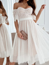 Elegant High Waist Hollow Out Party Long Dress Summer Solid Off Shoulder Lace Dress Women Fashion Slash Neck Mesh Dress Vestidos