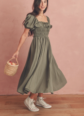 Lizakosht Vintage clothes dress elegant midi dresses short sleeve square neck dress puff sleeve shirred dresses for women Summer