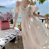 Lizakosht 2022 Summer Women Long Corset Dresses Vintage Short Sleeve Slash Neck Off Shoulder Floral Print Maxi Evening Dress