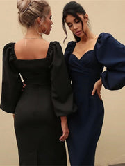Elegant Evening Party Long Dress Women Long Lantern Sleeve V Neck French Slim Dresses Spring Summer Solid Streetwear Sexy Dress