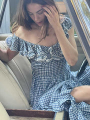 Lizakosht ruffled neckline dress women pleated bow tied waist blue plaid cotton summer dress new casual long boho dress