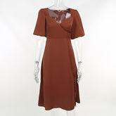 Lizakosht  Midi Dress Women Summer Elegant Sexy Split Fashionable French Low Cut Dress High Waist Low Cut Date Party Dress