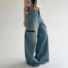 Lizakosht Fashion Hollowed Out Women Baggy Jeans Y2K Streetwear Retro Loose Wide-Leg Overalls Couple Casual Joker Mopping Denim Pants