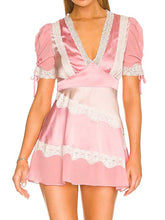 Lizakosht color-blocked pink party dress lace trim sexy women dress new spring summer dres Satin elegant ladies dress