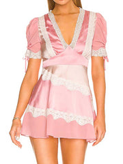 Lizakosht color-blocked pink party dress lace trim sexy women dress new spring summer dres Satin elegant ladies dress