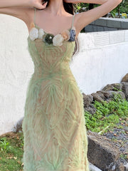 Summer Lace Flower Sheath Sexy Midi Dress Women Casual Elastic Skinny Spaghetti Strap Dress Female Elegant Princess Dress 2022