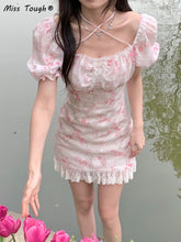 Summer Floral Baech Korea Sweet Dress Women Print Lace Casual France Vintage Fairy Dress Pink Sexy Elegant Party Mini Dress 2022