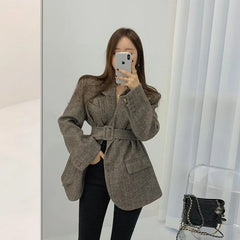 Lizakosht Korean Version of Chic Temperament Herringbone Pattern Bandage Waist Was Thinner Quilted Thick Suit Woolen Jacket Women New