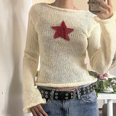Lizakosht Spring Y2k Sweater Women Cute Star Stitching Knitwear Smock Vintage Long Sleeve Hollow Out Sweaters Lady Jumper Fairycore Retro