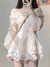 Lizakosht Print France Elegant Two Piece Set Women Lace Sweet Party Cake Skirt Suit Female Chiffon Korea Off Shoulder Sexy Set Summer