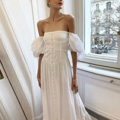 Lizakosht White Elegant Dress for Women Strapless Single-breasted Vintage Bodycon Dresses Lady High Waisted Puff Sleeve Clothing Party