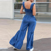 Lizakosht Summer Sling Romper Office Fashion Flying Sleeve Solid Long Jumpsuit Chic Women One Shoulder Flare Wide Leg Pants Overall